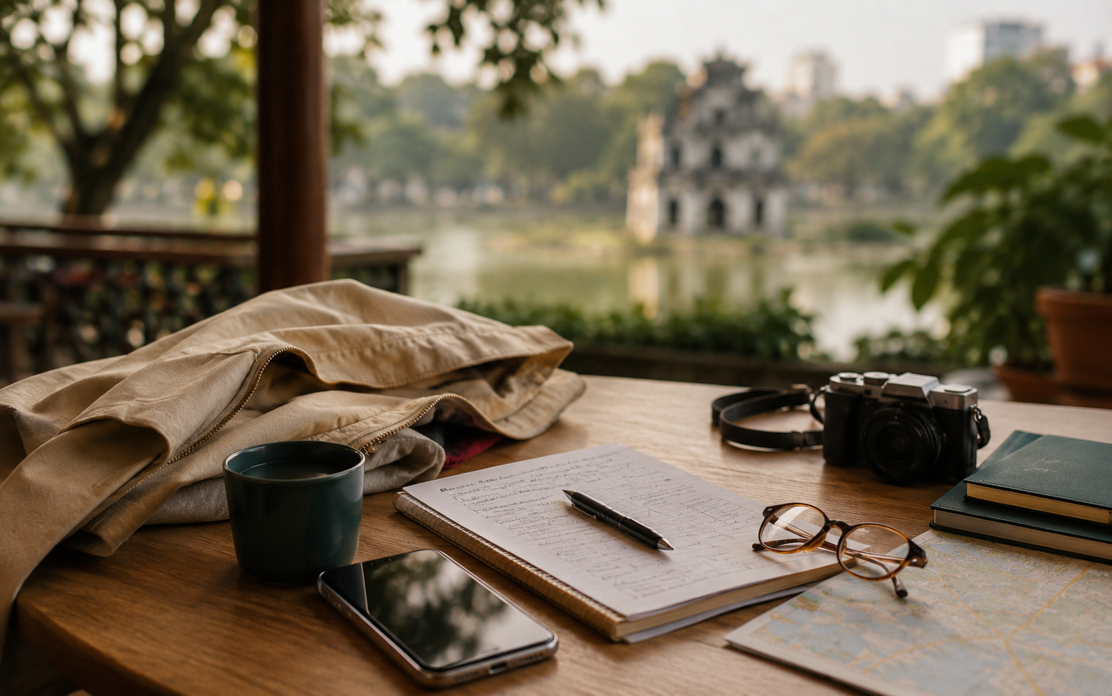 A desk set up for Hanoi trip prep with a map, phone, and itinerary notes.